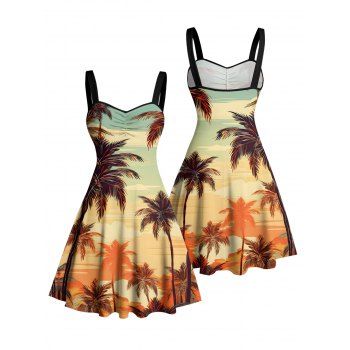 Beach Vacation Couple Outfit Coconut Tree Print Ruched Bust Dress and Shirt Set