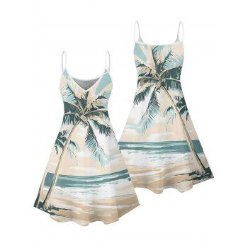 Vacation Couple Outfit Beach Coconut Tree Print Mini Dress and Shirt Set