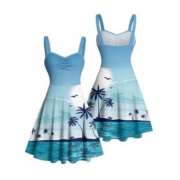 Beach Vacation Couple Outfit Coconut Tree Print Ruched Mini Dress and Shirt Set