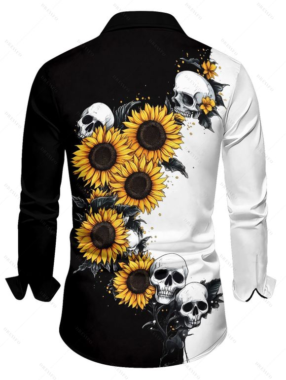 Chemise gothique pour homme, imprimé tournesols et têtes de mort, couleur contrastée, boutonnée, pour Halloween - Noir XL