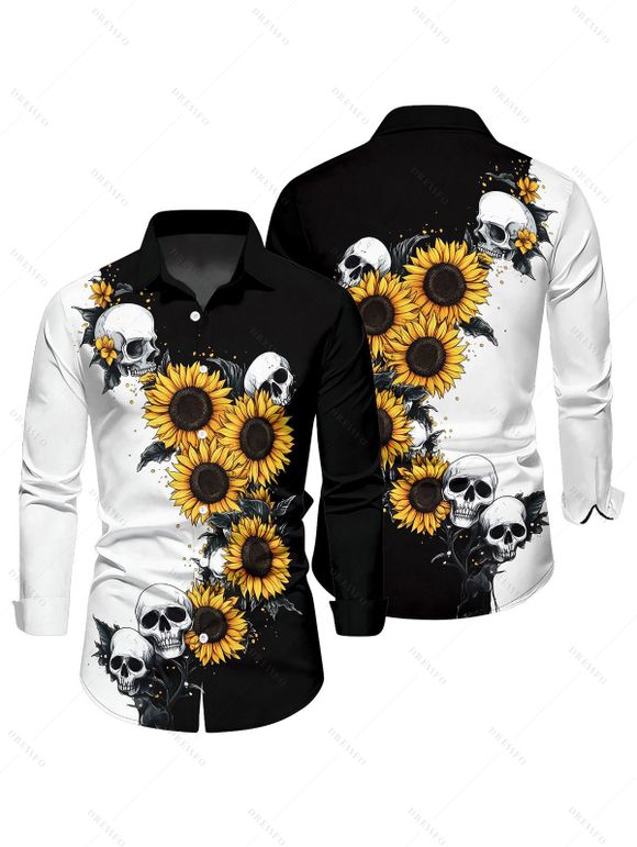 Chemise gothique pour homme, imprimé tournesols et têtes de mort, couleur contrastée, boutonnée, pour Halloween - Noir XL