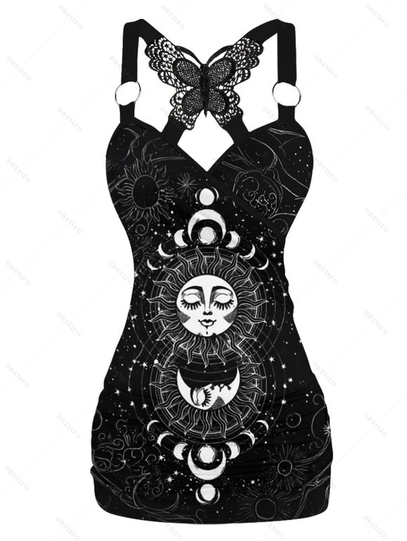 Débardeur gothique à imprimé soleil et lune célestes, long débardeur en dentelle avec papillons - Noir XXL | US 14