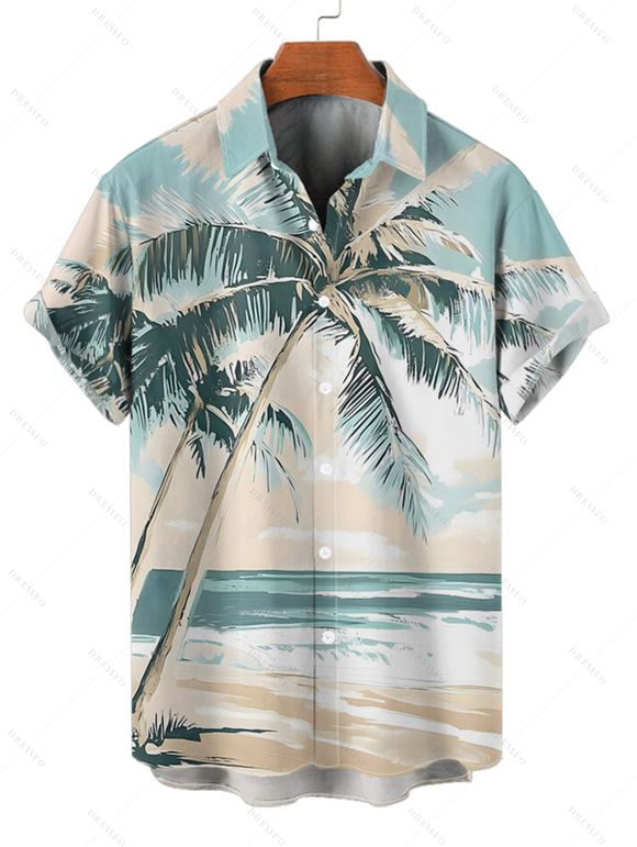 Chemise de vacances pour homme, imprimé paysage de plage et cocotiers, boutonnée - Bleu clair L