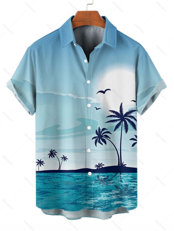 Chemise de vacances pour homme à imprimé paysage de cocotiers et de plage - Bleu clair 5XL