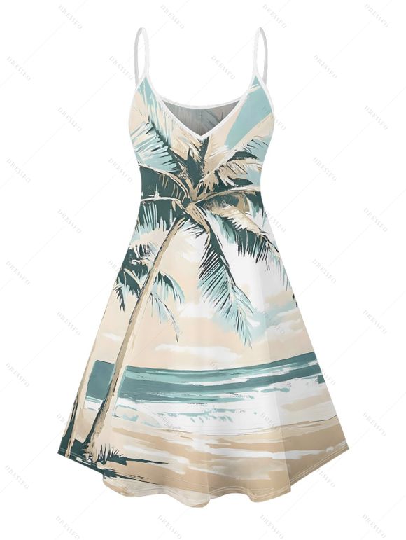 Robe de vacances à imprimé cocotiers et paysage de plage, mini-robe à bretelles spaghetti - Bleu clair XXXXXL | US 20