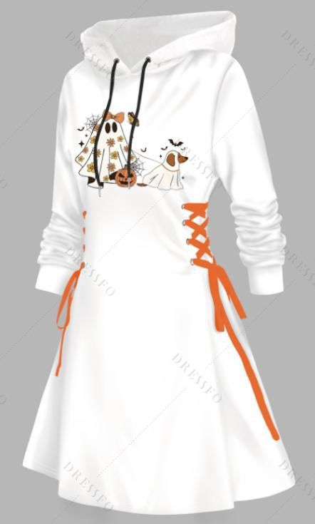 Robe à capuche d'Halloween, imprimé fantôme, citrouille, chauve-souris, mini-robe à lacets et cordons de serrage - Blanc XXL | US 14