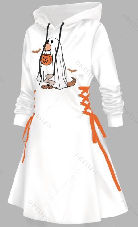 Robe à capuche d'Halloween à imprimé animal, fantôme, citrouille, chauve-souris, lacets et cordons de serrage - Blanc XXL | US 14