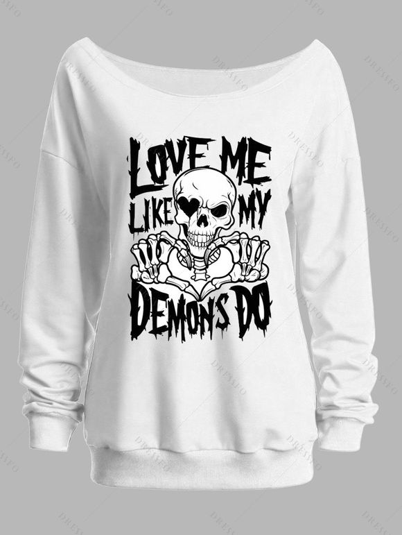 Sweat-shirt gothique d'Halloween à col incliné et imprimé tête de mort - Blanc M | US 6