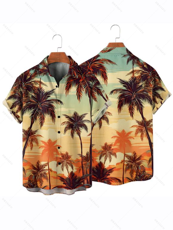Beach Vacation Couple Outfit Coconut Tree Print Ruched Bust Dress and Shirt Set - Brun Légère S | US 4