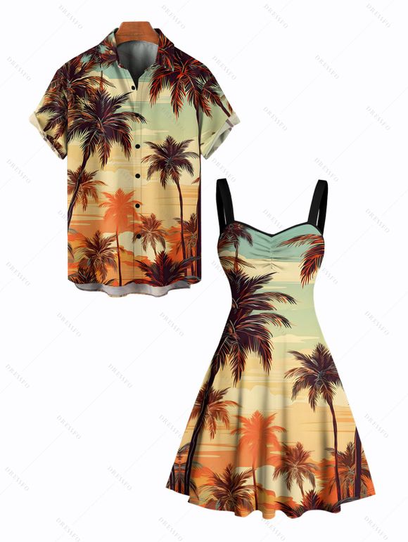 Beach Vacation Couple Outfit Coconut Tree Print Ruched Bust Dress and Shirt Set - Brun Légère S | US 4