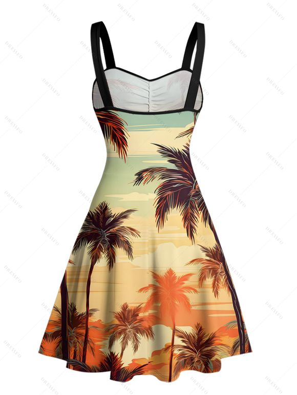 Beach Vacation Couple Outfit Coconut Tree Print Ruched Bust Dress and Shirt Set - Brun Légère S | US 4