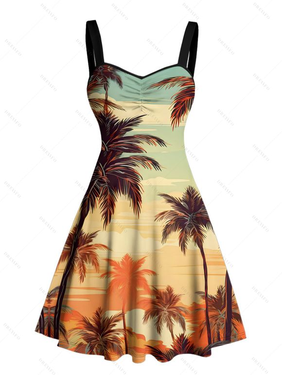 Beach Vacation Couple Outfit Coconut Tree Print Ruched Bust Dress and Shirt Set - Brun Légère S | US 4