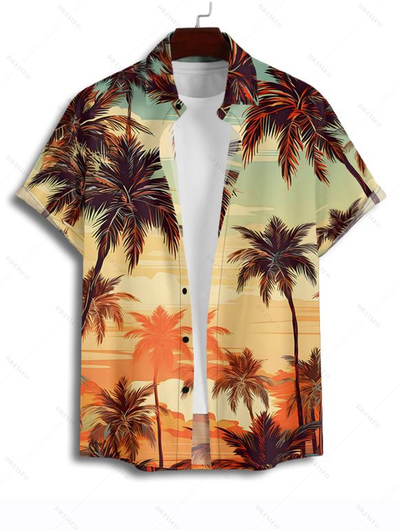 Beach Vacation Couple Outfit Coconut Tree Print Ruched Bust Dress and Shirt Set - Brun Légère S | US 4