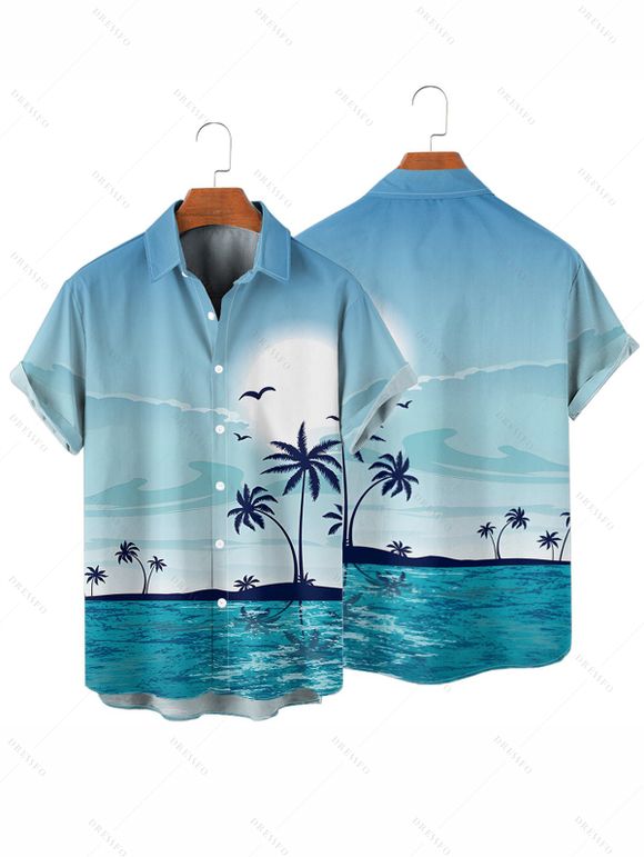 Beach Vacation Couple Outfit Coconut Tree Print Ruched Mini Dress and Shirt Set - Bleu clair S | US 4