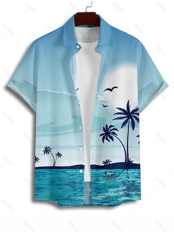 Beach Vacation Couple Outfit Coconut Tree Print Ruched Mini Dress and Shirt Set - Bleu clair S | US 4