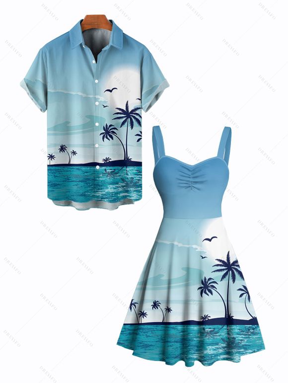 Beach Vacation Couple Outfit Coconut Tree Print Ruched Mini Dress and Shirt Set - Bleu clair S | US 4