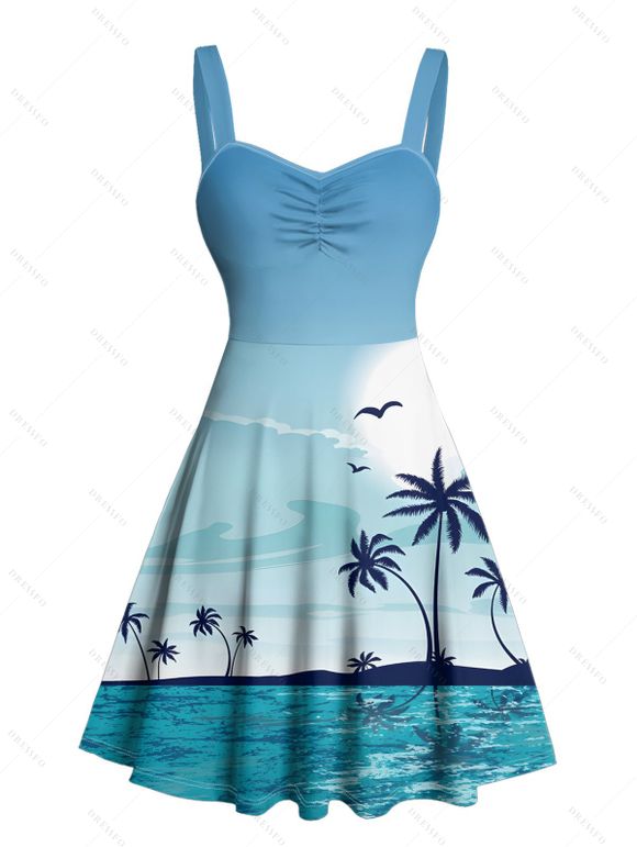 Beach Vacation Couple Outfit Coconut Tree Print Ruched Mini Dress and Shirt Set - Bleu clair S | US 4