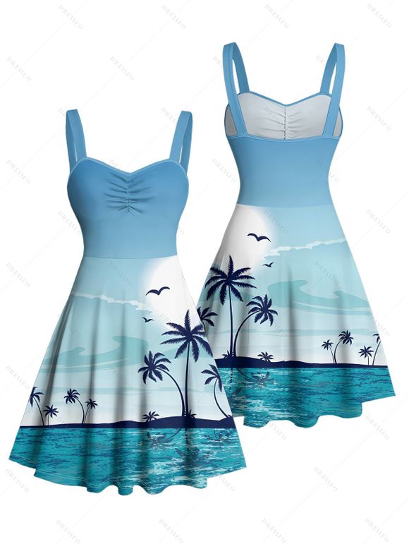 Beach Vacation Couple Outfit Coconut Tree Print Ruched Mini Dress and Shirt Set - Bleu clair S | US 4