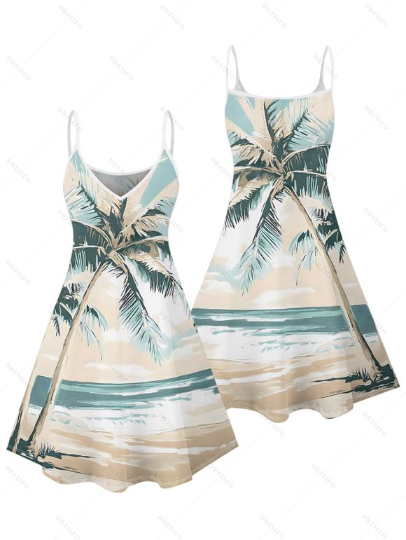Vacation Couple Outfit Beach Coconut Tree Print Mini Dress and Shirt Set - Bleu clair S | US 4
