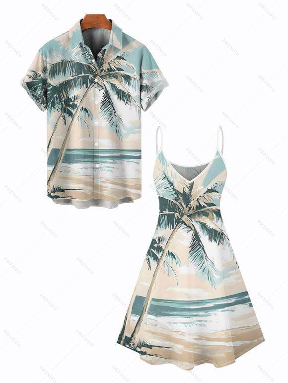Vacation Couple Outfit Beach Coconut Tree Print Mini Dress and Shirt Set - Bleu clair S | US 4