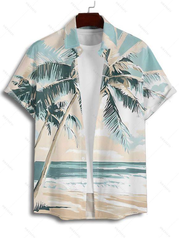 Vacation Couple Outfit Beach Coconut Tree Print Mini Dress and Shirt Set - Bleu clair S | US 4