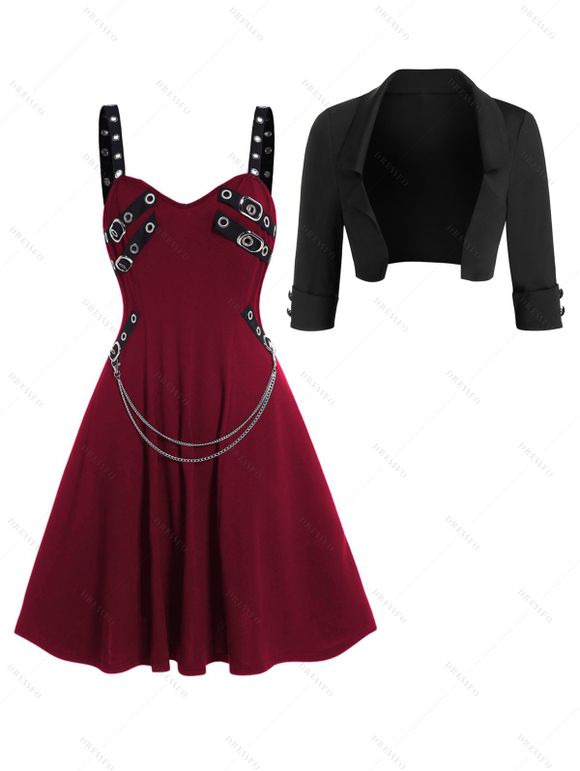 Women Outfit Grommet Buckle Chain Midi Dress and Open Front Crop Jacket Set - Rouge Vineux S | US 4