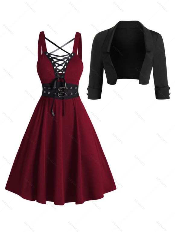 Gothic Outfit Lace Up Buckle Strap Mini Dress and Open Front Crop Jacket Set - Rouge Vineux S | US 4