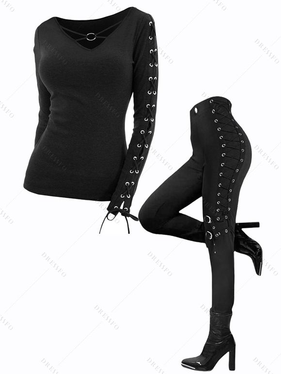 Gothic Outfit Crisscross Lace Up Top Grommet Buckle Pants and Boots Set - Noir S | US 4