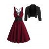 Gothic Outfit Lace Up Buckle Strap Mini Dress and Open Front Crop Jacket Set - Rouge Vineux S | US 4