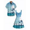 Beach Vacation Couple Outfit Coconut Tree Print Ruched Mini Dress and Shirt Set - Bleu clair S | US 4