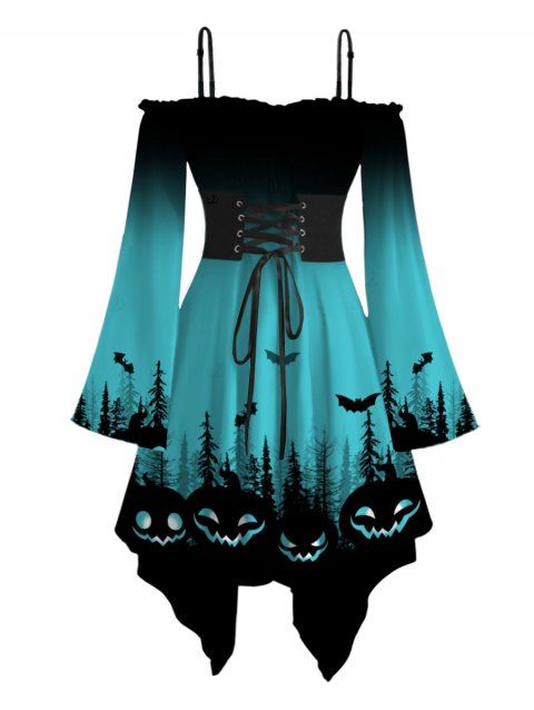 Robe d'Halloween à imprimé citrouille et chauve-souris, à lacets, épaules dénudées, mouchoir