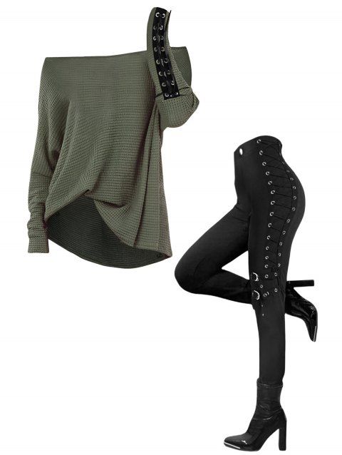 Women Outfit Skew Neck Textured Solid Color Top and Grommet Lace Up Pants Set
