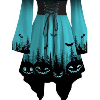 Halloween Dress Ombre Pumpkin Bat Print Lace Up Off the Shoulder Handkerchief Dress