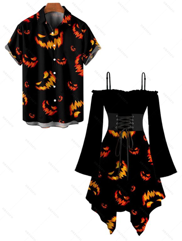 Halloween Couple Outfit Grimace Fire Print Lace Up Off the Shoulder Dress and Shirt Set - Noir S | US 4