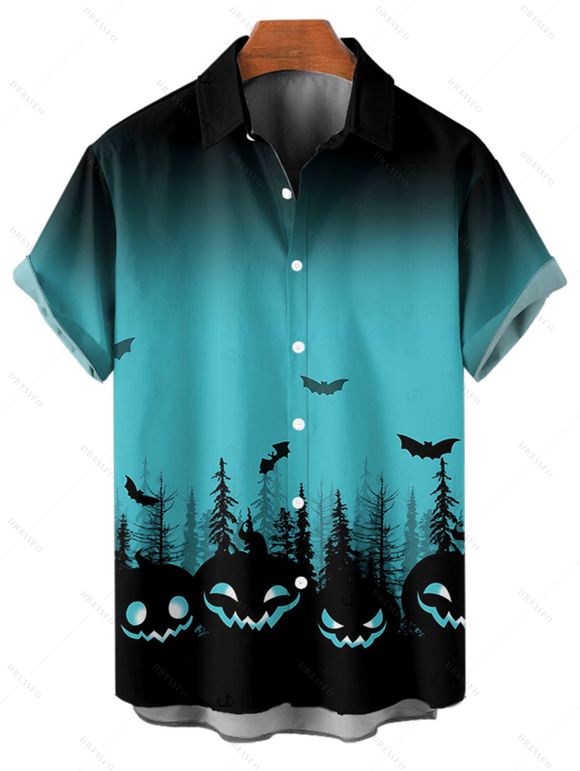Chemise d'Halloween pour homme, boutonnée, imprimé citrouille et chauve-souris ombré - Bleu 5XL