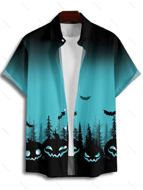 Chemise d'Halloween pour homme, boutonnée, imprimé citrouille et chauve-souris ombré - Bleu S