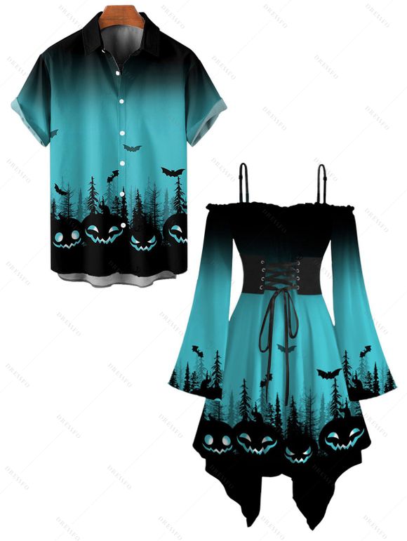 Halloween Couple Outfit Ombre Pumpkin Bat Print Lace Up Dress and Shirt Set - Bleu S | US 4