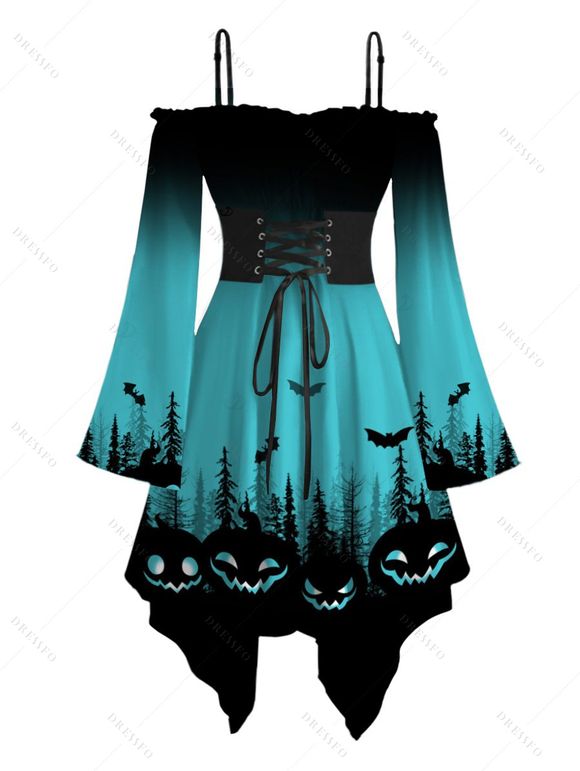 Halloween Couple Outfit Ombre Pumpkin Bat Print Lace Up Dress and Shirt Set - Bleu S | US 4