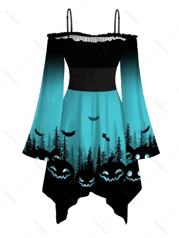 Halloween Couple Outfit Ombre Pumpkin Bat Print Lace Up Dress and Shirt Set - Bleu S | US 4