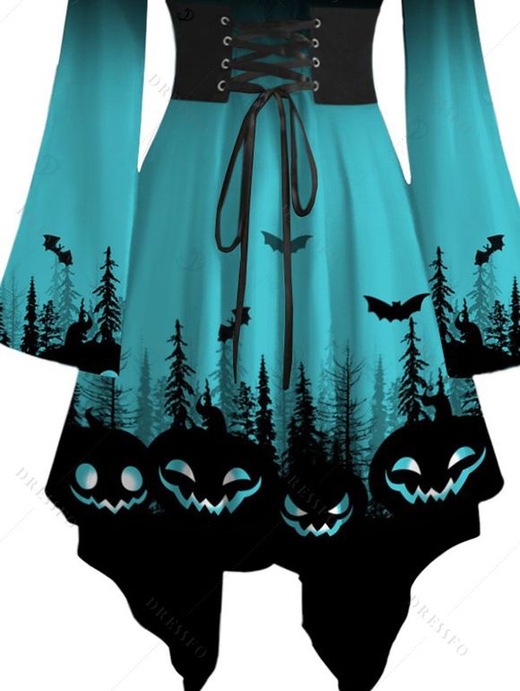 Robe d'Halloween à imprimé citrouille et chauve-souris, à lacets, épaules dénudées, mouchoir - Bleu S | US 4