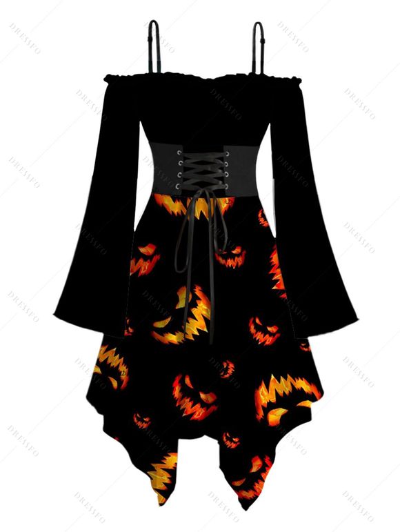 Robe d'Halloween à imprimé Grimace Fire, à lacets, épaules dénudées, mouchoir - Noir XXL | US 14