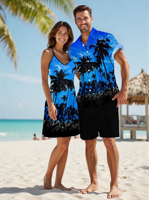 Sunset Tree Print V Neck High Waist Spaghetti Strap Dress and Roll Up Sleeve Shirt Resort Hawaii Outfit - Bleu S | US 4