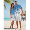 Hawaii Ombre Coconut Tree Print V Neck High Waist Spaghetti Strap Dress and Roll Up Sleeve Shirt Outfit - Bleu clair S | US 4