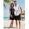 Palm Tree Print V Neck A Line Mini Dress And Short Sleeve Shirt Vacation Outfit - Noir S | US 4