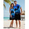Sunset Tree Print V Neck High Waist Spaghetti Strap Dress and Roll Up Sleeve Shirt Resort Hawaii Outfit - Bleu S | US 4