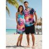 Landscape Coconut Tree Print V Neck High Waist Spaghetti Strap Dress and Roll Up Sleeve Shirt Resort Hawaii Outfit - multicolor A S | US 4