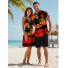 Sunset Tree Print V Neck High Waist Spaghetti Strap Dress and Roll Up Sleeve Shirt Resort Hawaii Outfit - Orange S | US 4