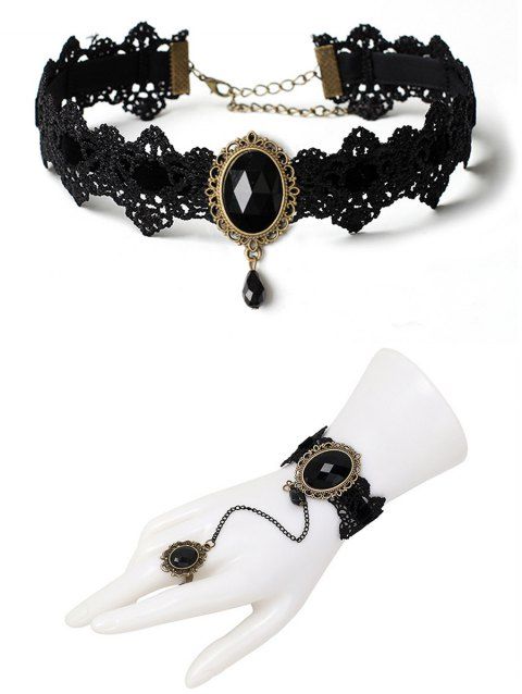 Ensemble ras du cou et bracelet en dentelle artificielle avec pierres précieuses de style gothique colorblock et anneau vintage