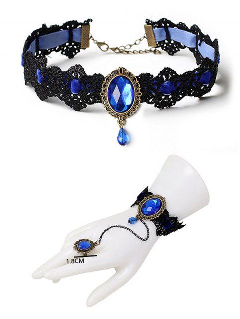 Ensemble ras du cou et bracelet en dentelle artificielle avec pierres précieuses de style gothique colorblock et anneau vintage