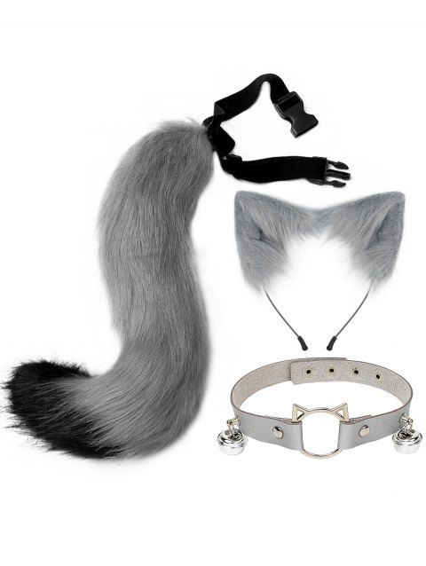 Ensemble de cosplay 3 pièces avec queue en fourrure artificielle et serre-tête oreilles de chat avec clochette
